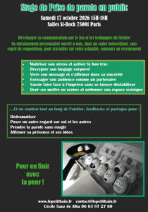 Flyer pour annoncer un stage de prise de parole en public octobre 2026